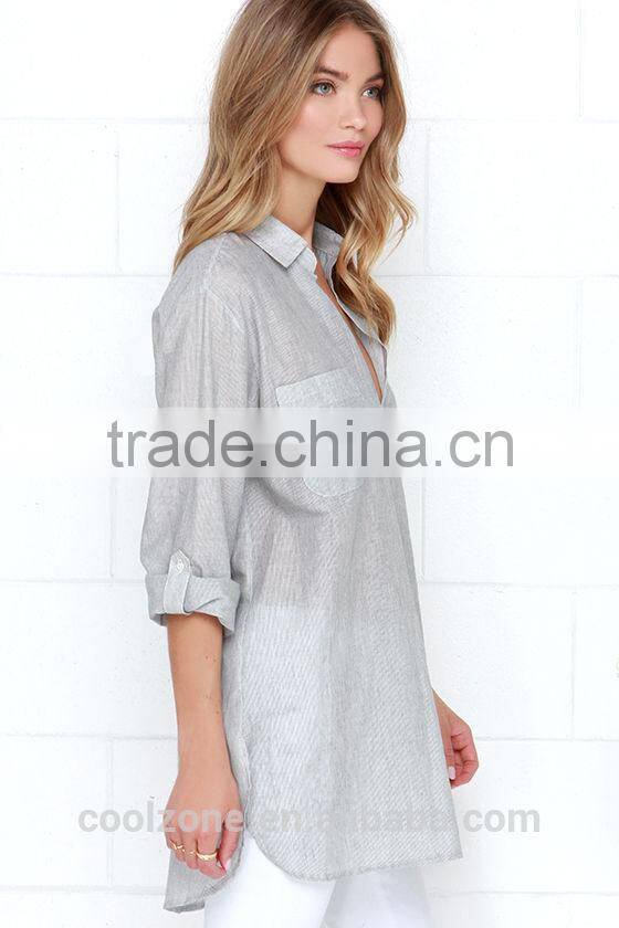 Loose short sleeve with pocket striped design lady blouse