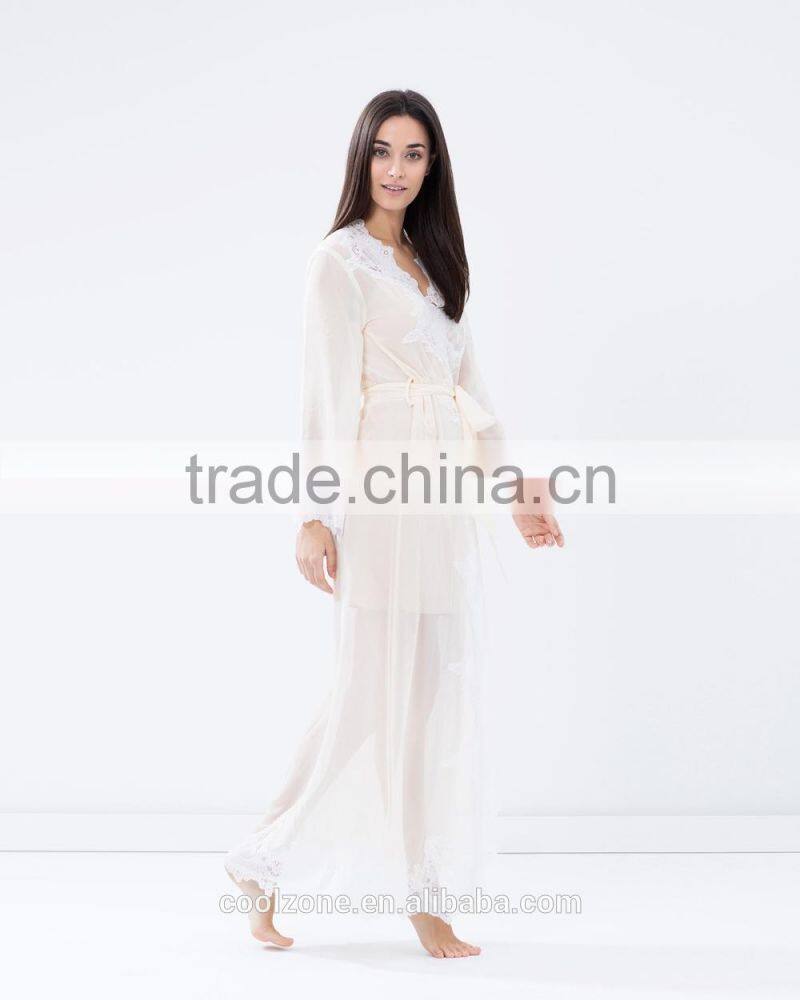 Sexy relaxed fit tie-up front sheer lace bath robe for women