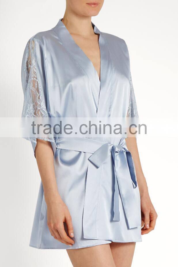 Latest Water Blue Soft Satin Night Robes Womens Half Long Sleeves Wrap Robes