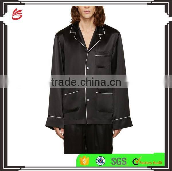 Black with white pipping men silk pajamas wholesale satin night wear