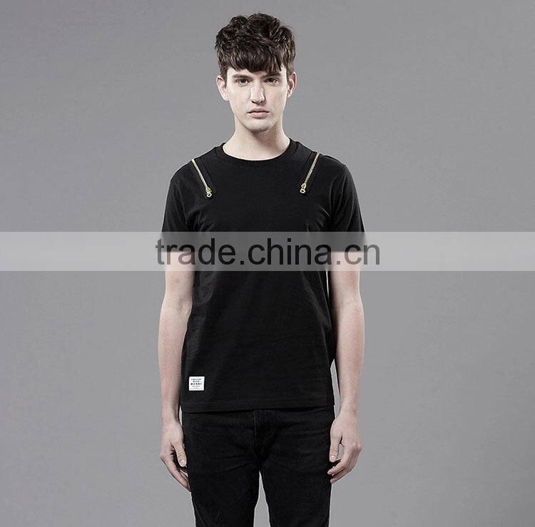 Wholesale 65%cotton 35%polyester short sleeve black men's t shirt with zipper ST-2