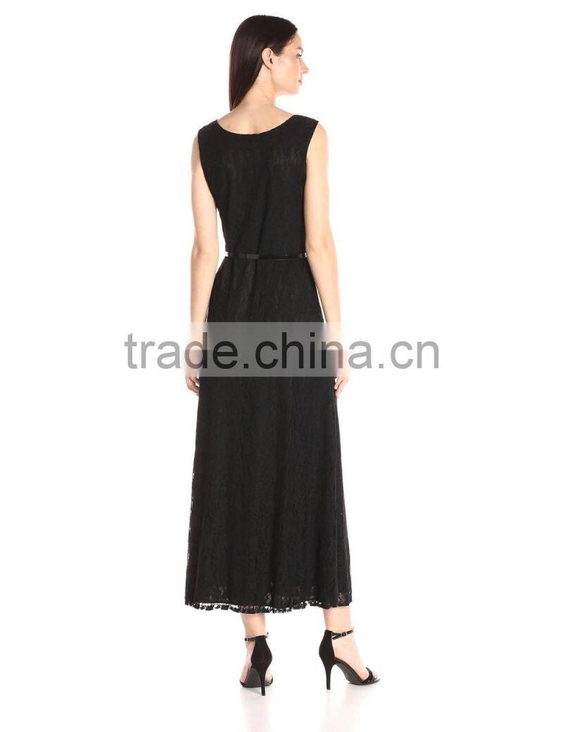 Women's Sleeveless Lace Skater Maxi Dress with Belt