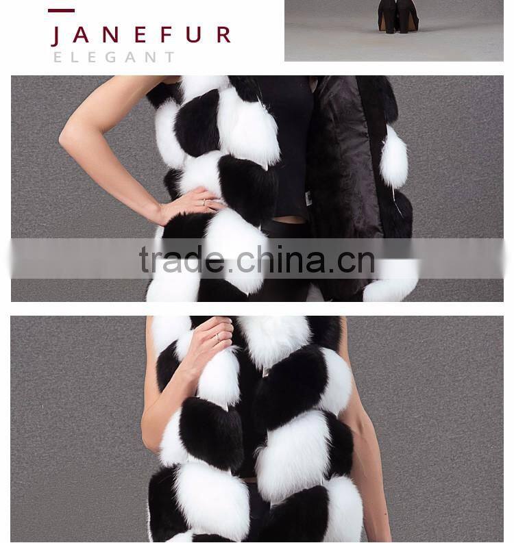 Beautiful black white color fur hand sewing long fur vest women real fox fur gillets