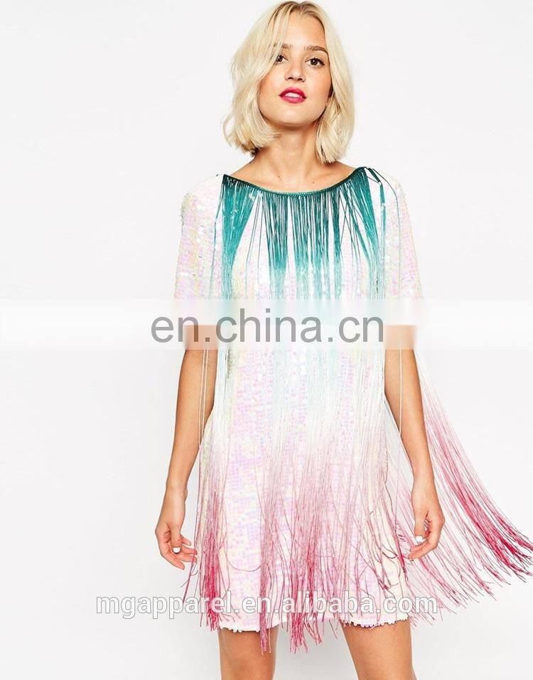 new fashion ladies short sleeves sexy low v-back t-shirt sequin embellished fringe party dress