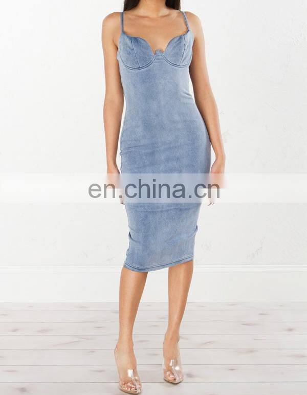 2017 NEW Strap Bust Cup Blue Marl Midi Gorgeous Sleeveless Dress for women
