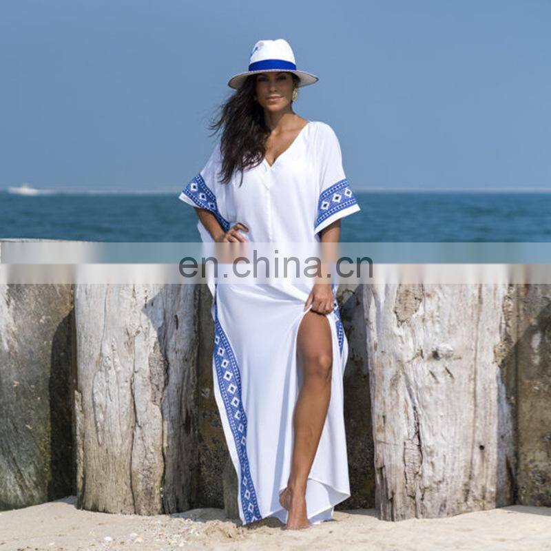 2019 Casual V-Neck Bats Sleeve Side Split Beach Kaftan Loose Summer Dress White Cotton Tunic Women Street Wear Maxi Dress