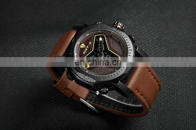 RISTOS 9341 Super Cool LCD Display Watch Leather Multifunction Backlight Men's Chronograph Watch