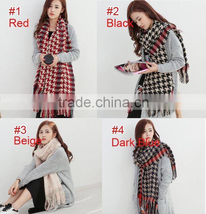 Latest Design Fringed Tassel Houndstooth Jacquard Fashion Woman Cashmere Scarf