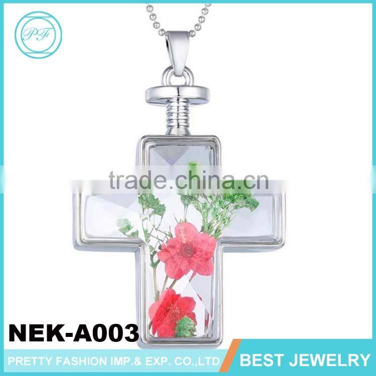 Pressed Flower Multi-Colored Cross Pendant Necklace