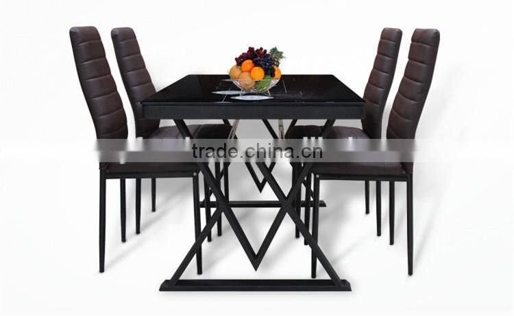 Foshan modern metal base 9mm thick rectangle black lacquer tempered glass dining table for 4 person