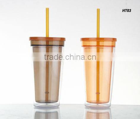plastic double wall tumbler with straw and lid