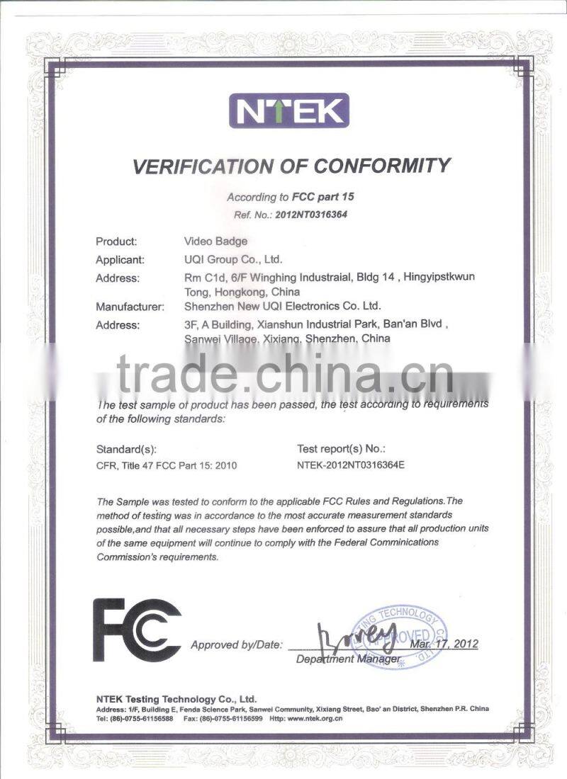 CE RoHS FCC Approved 3.0 Inch wear photo badge, picture player, magnetic pic displayer