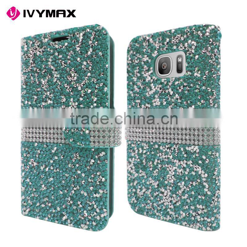 IVYMAX High Quality Luxury Rock Crystal Rhinestone PU Leather Diamond Wallet Case Flip Cover For Samsung Galaxy S7/G930