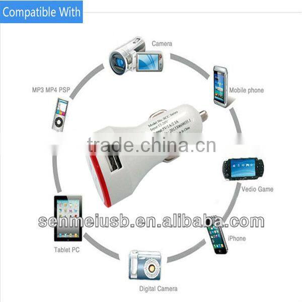 Circle shape dual output mini usb car charger with colorful led lamp ring