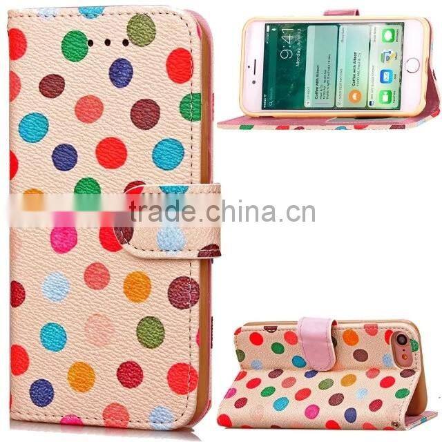 stylish leather cover for iphone 7 plus, book stylish polka dots case for iphone 7 wallet bag with stand