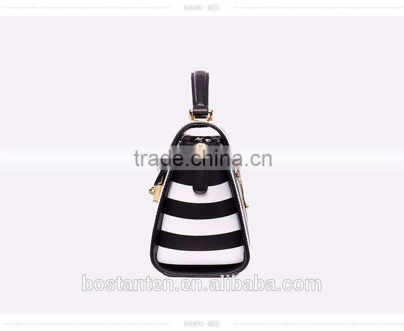 Striped design women handbag leather tote bag lock metal buckle