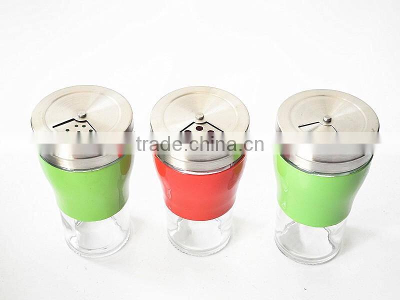 colorful glass condiment bottle with rotating hole lid metal cover