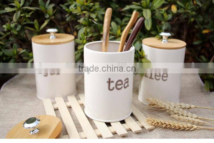 Set of 3 kitchen round metal storage canisters for tea sugar coffee