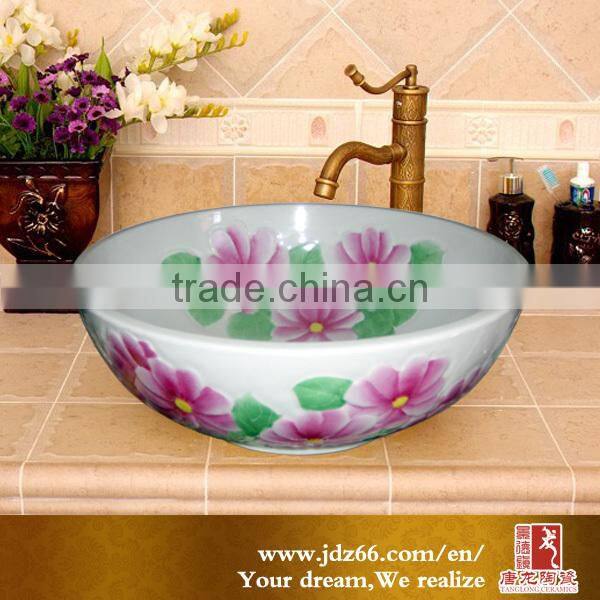 Peony flower design chinese ceramic bathroom wash basin 2015 Jing de zhen
