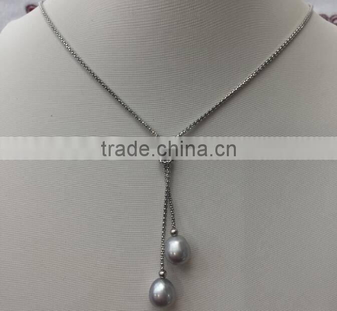 AAA 8-9mm raindrop freshwater doublepearl necklace with silver clasp