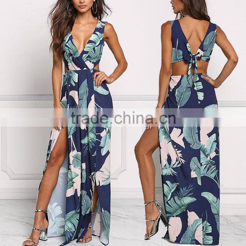 Navy Tie Back Leaf Print Women Maxi Long Party Dress Girls Without Dress Sex Picture HSd5187