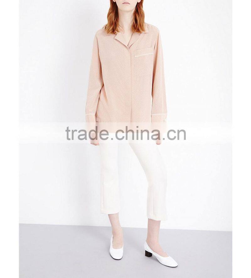 Wholesale Women Newest Collar Long Sleeves Buttoned Cuffs Polka Dot Printed Silk Shirt(DQE0155T)