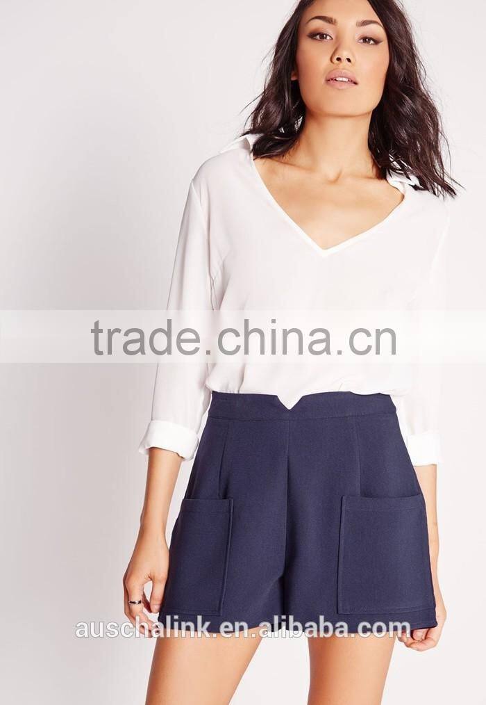 new style women fancy navy high waist pocket tailored shorts