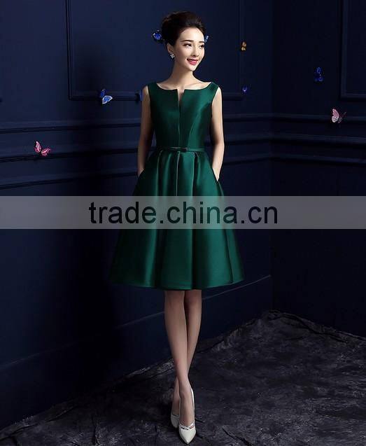 short satin low back open party dress dark green