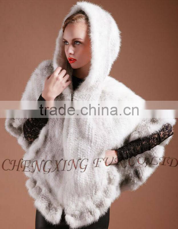 CX-B-M-06 Latest Womens Genuine Real Knitted Mink Fur Shawl Hoodied