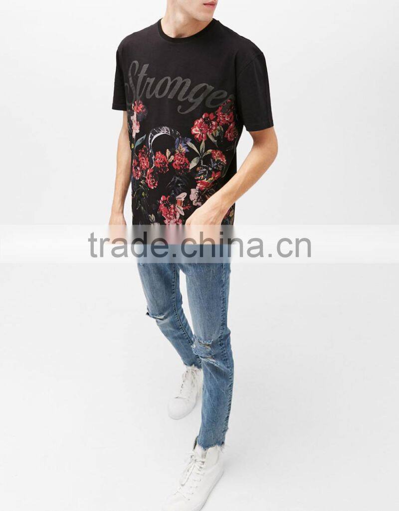 2017 Wholesale new design black t shirt with floral rubber print t shirts