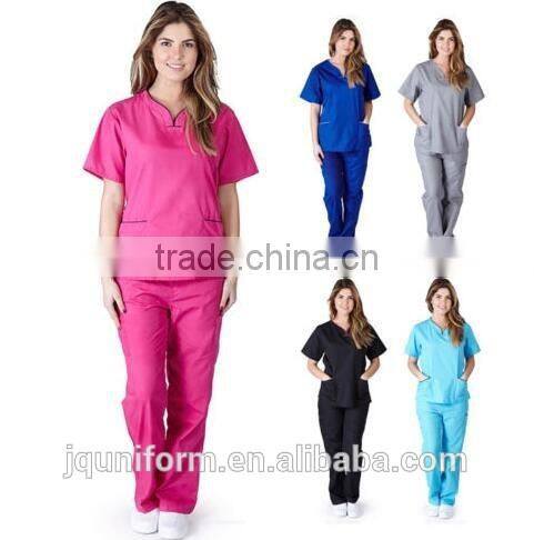 Women's Contrast Scallop Medical Hospital Nursing Uniform Scrubs Set Top & Pants