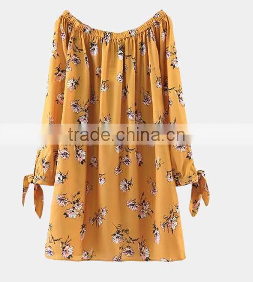 2017off shoulder long sleeve floral printed dress loose yellow dress