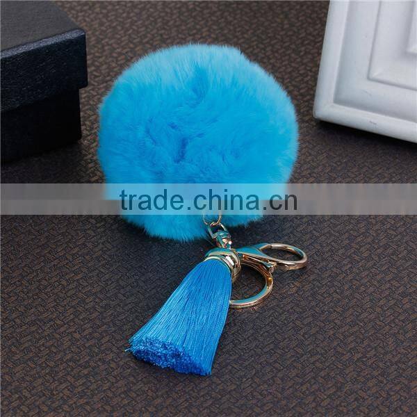 Fashion Gold Plated Blue Angora Rayon Tassel Key Chain Pompom
