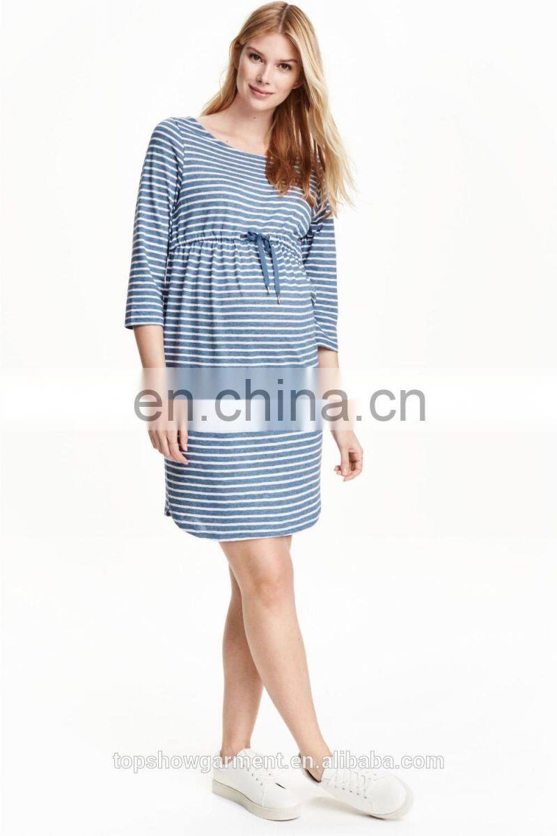 Hot sale 100% cotton maternity oem 3/4 sleeve dress in white blue stripes