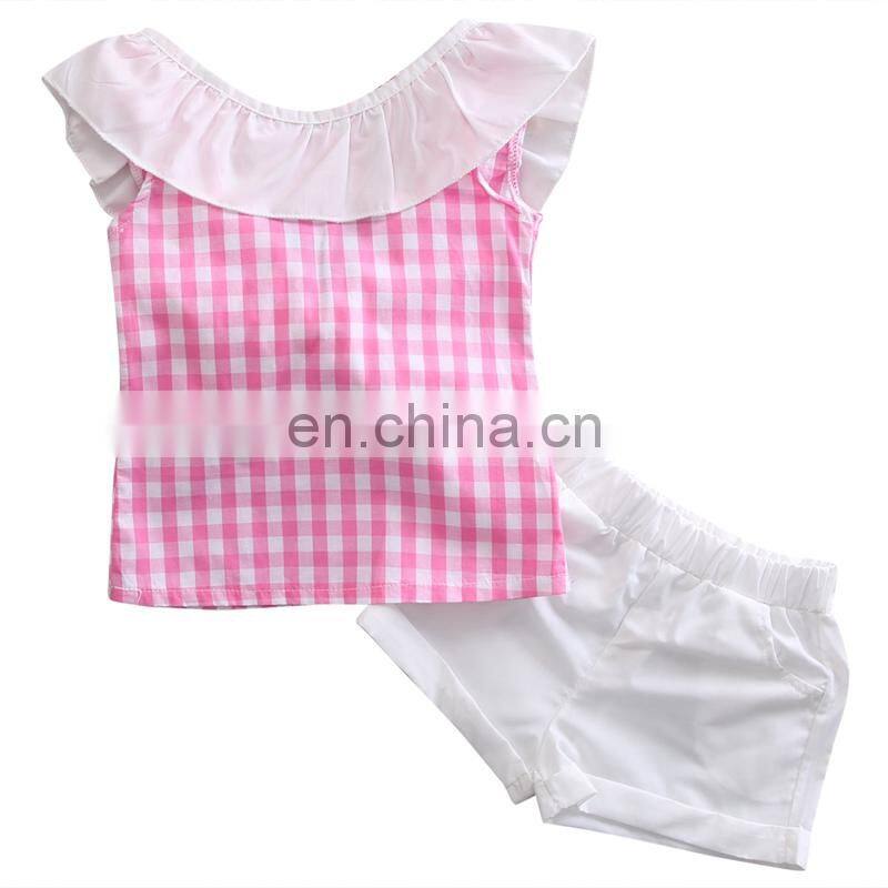 Girls Pink Summer Outfit Toddler grid tops + white shorts Set Spring Summer for 1-6T