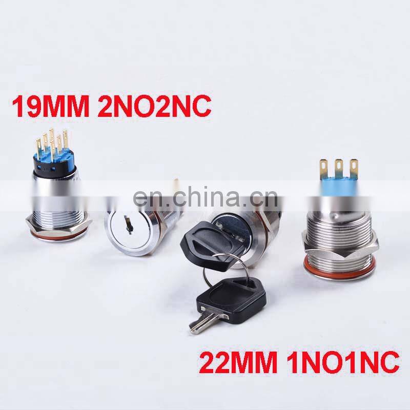 19MM Brass chrome Key Metal Waterproof brass 2 position 1NO 1NC 3 position  2NO 2NC Push Button Switch Button press button