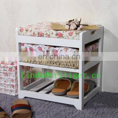wooden sitting Storage Bench with basket Drawers & Seat Cushion for Shoe Cabinet