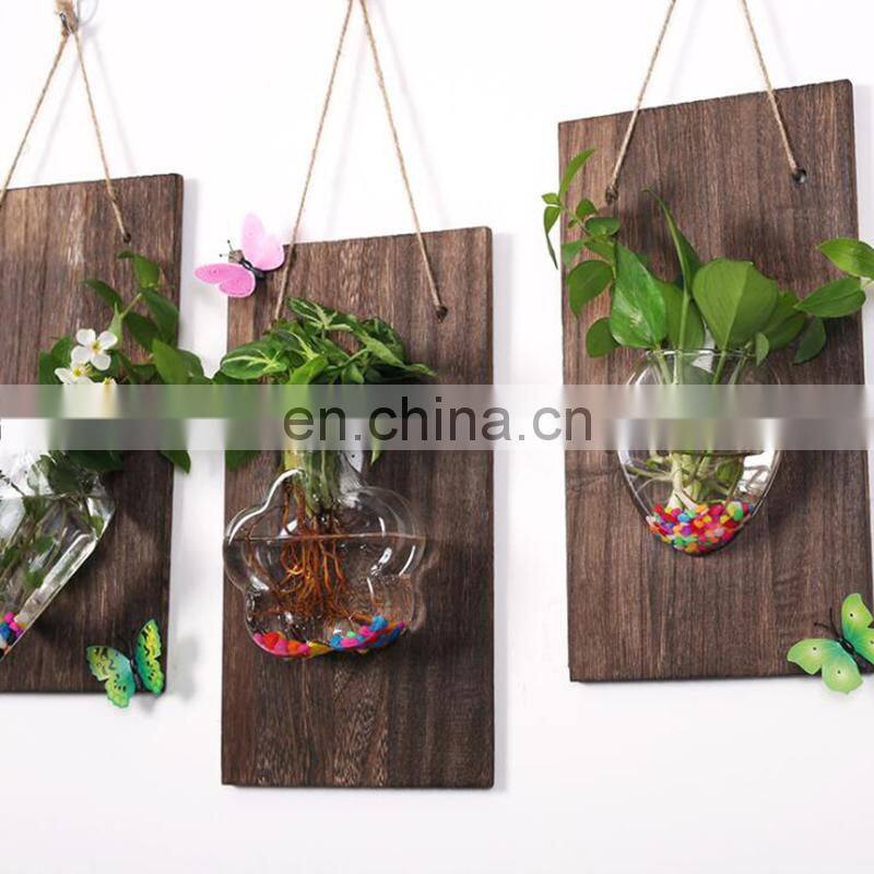 Wall-mounted Glass Vase Home Decor Glass & Wooden Flower Pot Vintage Wood Wall Hanging Heart Shape Vase