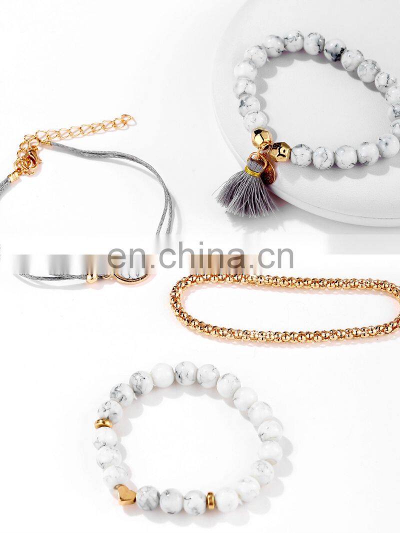4pcs/Set Bohemian Stone beads chains bracelets Set For Women Metal Heart Round Tassel charm Bangle Fashion Jewelry