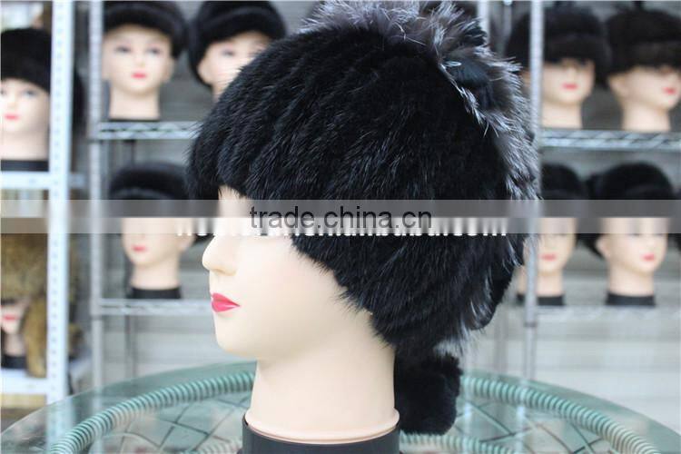 Real Mink Fur Beanies With Silver Fox Fur Pompom Handmade Knitted Hat For Ladies