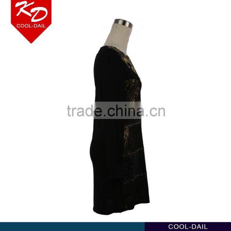 latest new design fashion scoop neck unique studded pattern tiered stud front pleating women dress