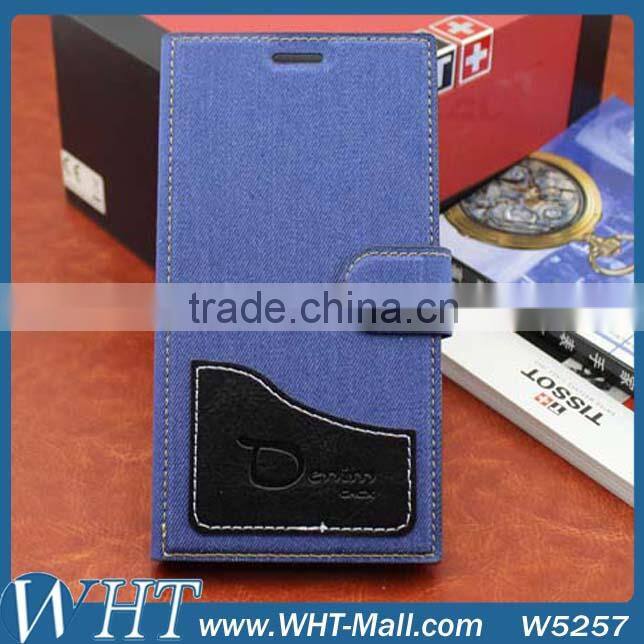for XiaoMi Mi3 Wallet Stand Cover Folio Jeans Leather Case with Built-in Card Slot Factory Price