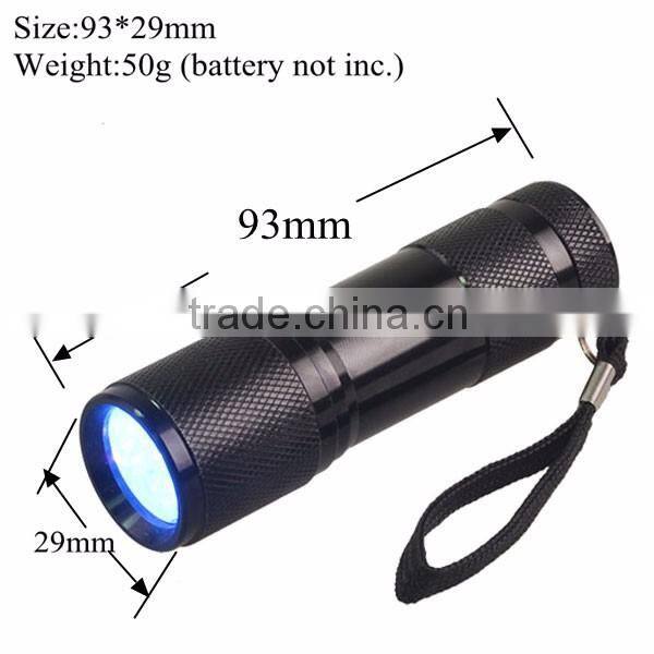 9 led 365nm uv flashlight for detecting fluorescer in cosmetics and baby stuff, Counterfeit Banknotes, Minerals, diamonds