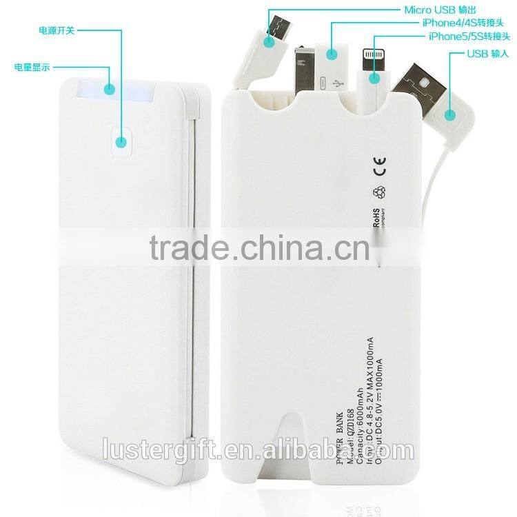 Hot selling 6000mAh for iPhone 6 6S External Rechargeable Battery Charger Built in Cable Power Bank