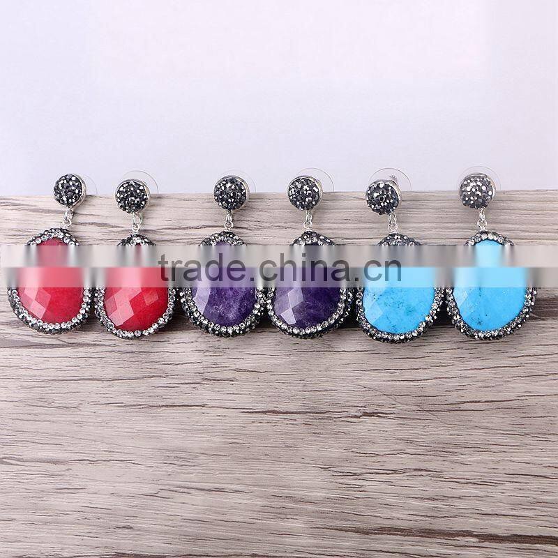 Natural Turquoise Agate Amethyst Gem Stone Earring, Free Form shape Pave Crystal Jewelry Stud Druzy Earrings