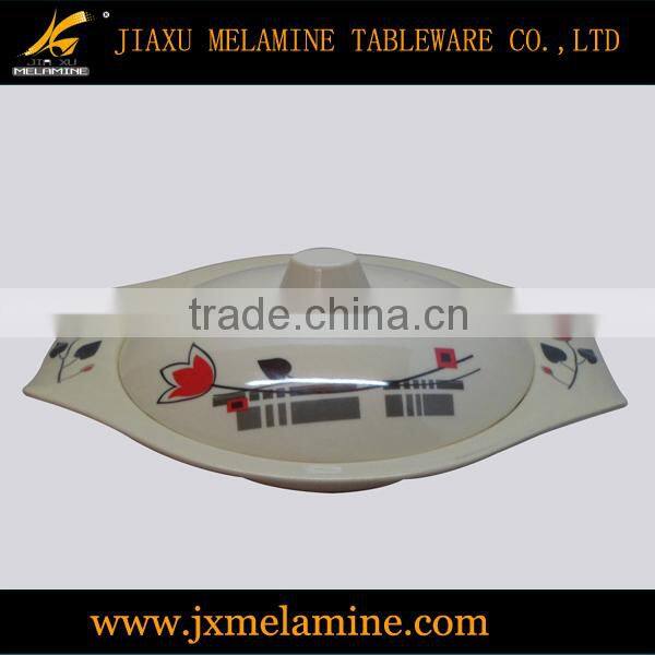 13" tea color oval handle bowl w/lid-melamine ware