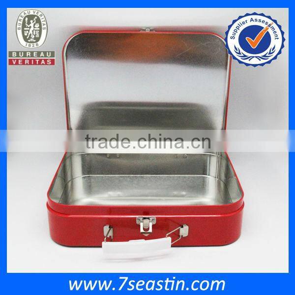 fancy suitcase tin box with plastic handle and metal lock