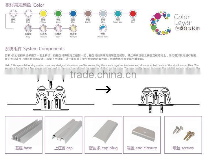 Gensin polycarbonate standing-seam system, locking design solid PC sheet, solid PC sheet