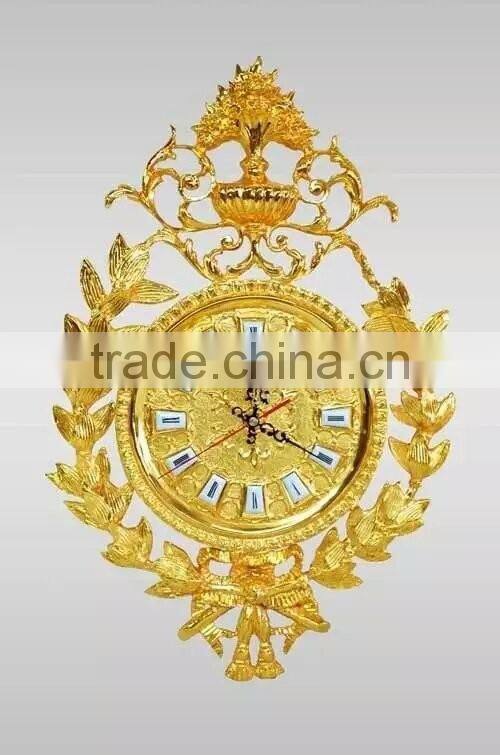Flower and Leaves Decorated Art Clock, Elegant Gilt Wall Hanging Art Clock, Copper Wall Mounted Clock