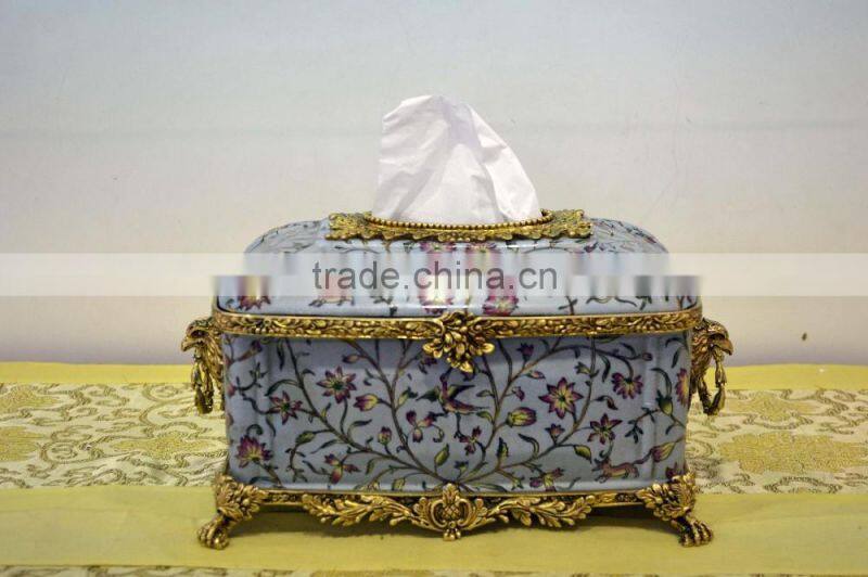 Brass decorative blue color gold painting ceramic tissue box